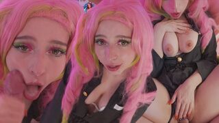 Mitsuri Kanroji Cosplay nauttii reiät kukko ja saa valtava laukaus kasvoihin