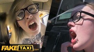 Tattoed British Alt-Model in Glasses Hard Fitted in Fake Taxi Car
